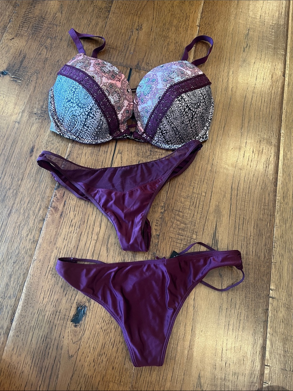 Victoria's Secret Purple Paisley Push-Up Bikini Set with Solid Plum Bottoms